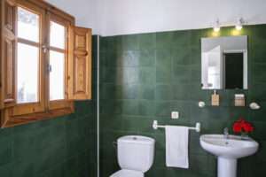 a bathroom with green tiles and a window